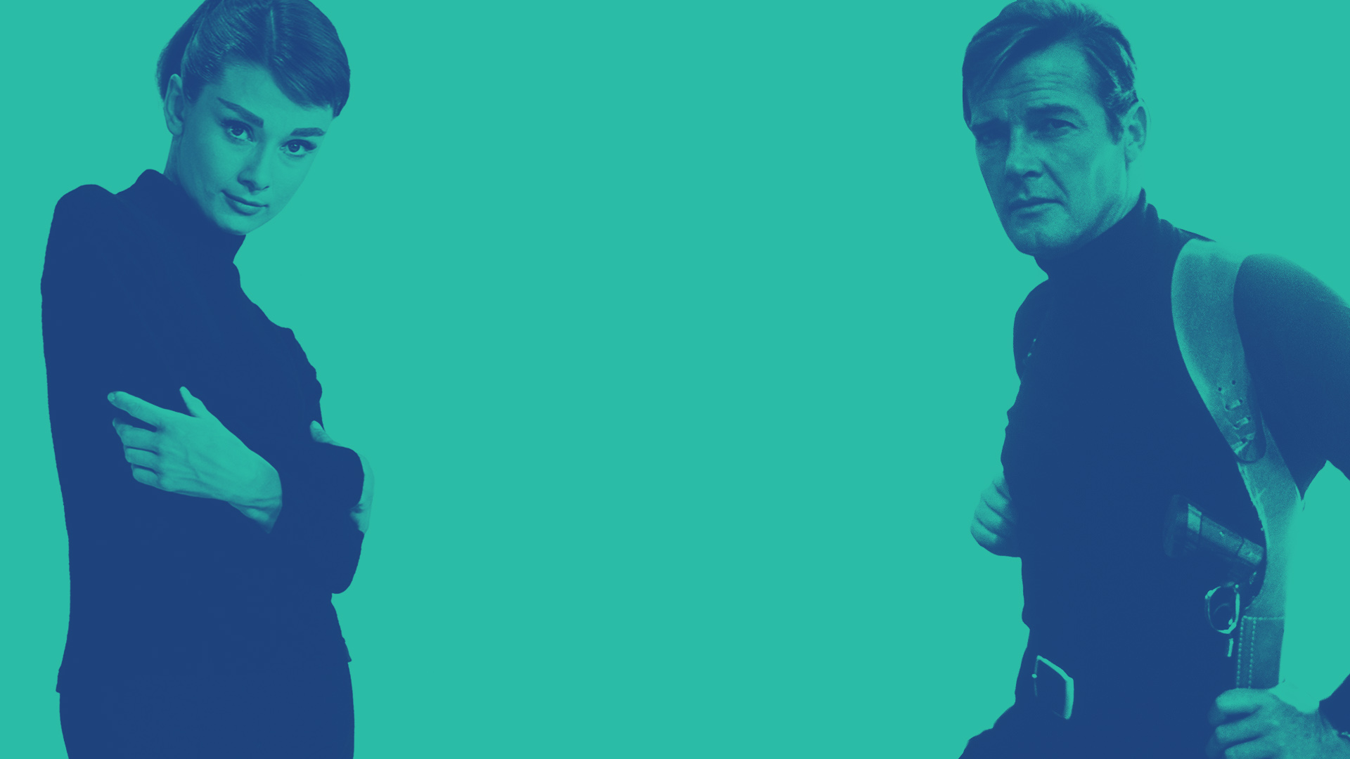 Background image with Audrey Hepburn and Roger Moore wearing turtlenecks